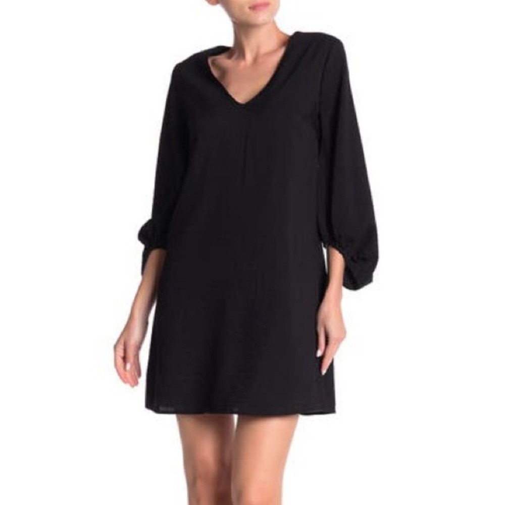 Everly Black V-Neck Shift Dress Women's small 3/4 Balloon‎ Sleeve Minimalist